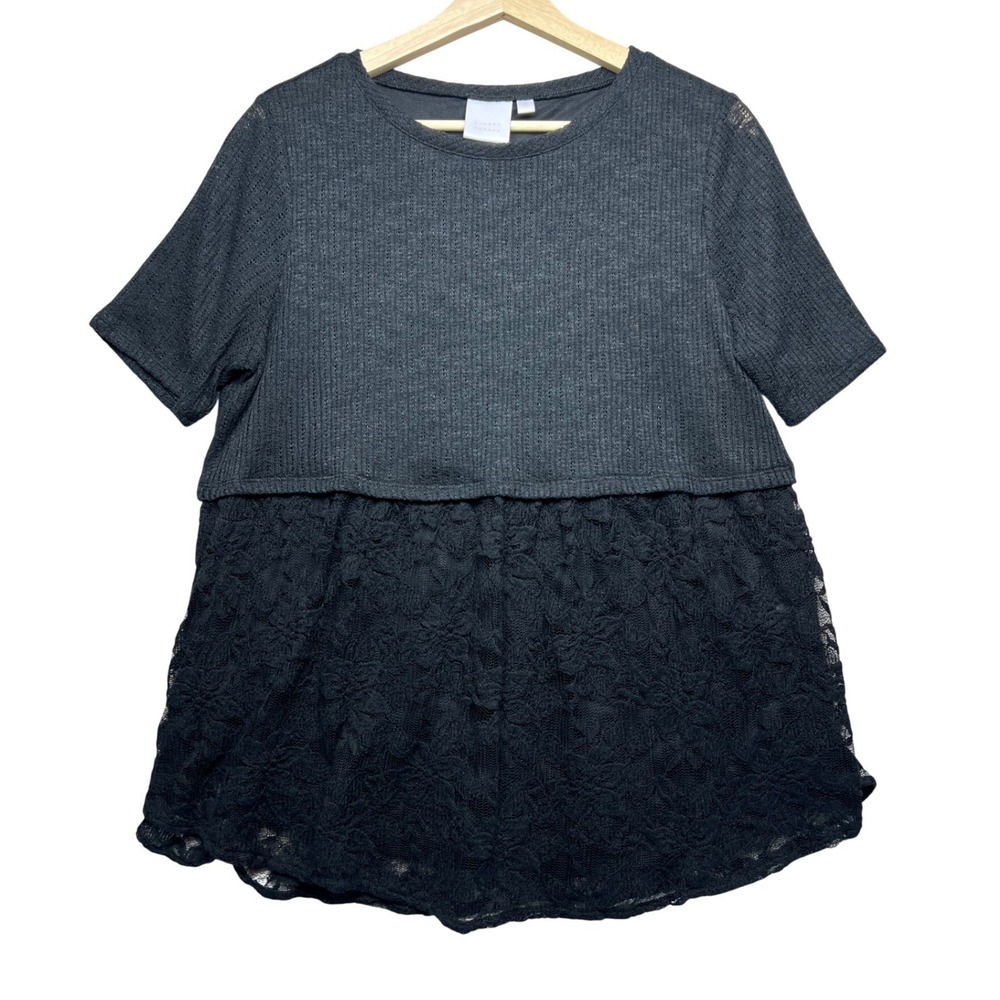Lauren Conrad Black Lace Overlay Knit Top Short Sleeve Boho Whimsigoth Size L